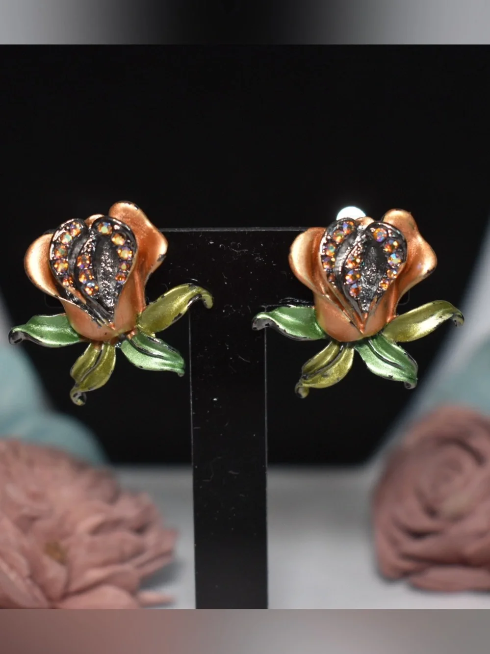 Rose Flower Clip On Earrings with Rhinestones